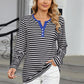 Striped Notched Long Sleeve T-Shirt