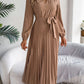 Pleated Tied V-Neck Long Sleeve Dress