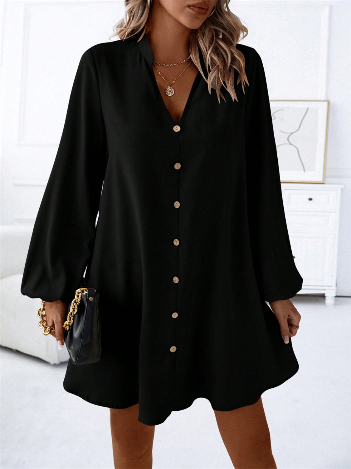 Notched Long Sleeve Mini Dress