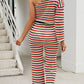 Striped Single Shoulder Top and Pants Knit Set