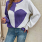 Contrast Heart Round Neck Long Sleeve Sweater