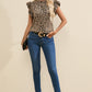 Ruffled Leopard Round Neck Cap Sleeve Blouse