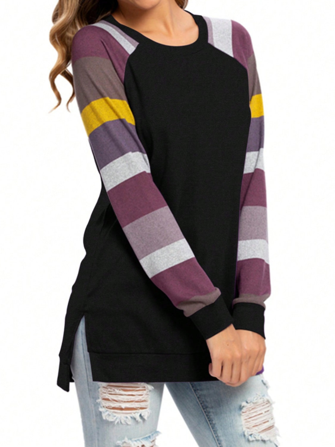 Color Block Round Neck Long Sleeve T-Shirt