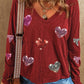 Sequin Heart V-Neck Long Sleeve T-Shirt