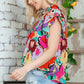 Multicolored Flutter Sleeve Mock Neck Blouse