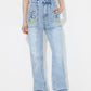 Flower High Rise Straight Leg Jeans with Pockets