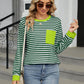 Pocketed Striped Round Neck Long Sleeve T-Shirt