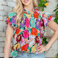 Multicolored Flutter Sleeve Mock Neck Blouse