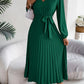 Pleated Tied V-Neck Long Sleeve Dress