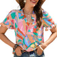 Multicolored Frill Trim V-Neck Flounce Sleeve Blouse