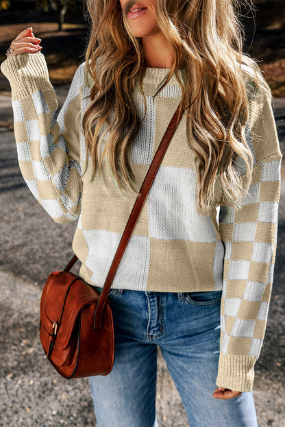 Checkered Round Neck Drop Shoulder Sweater - Michelle Francisco