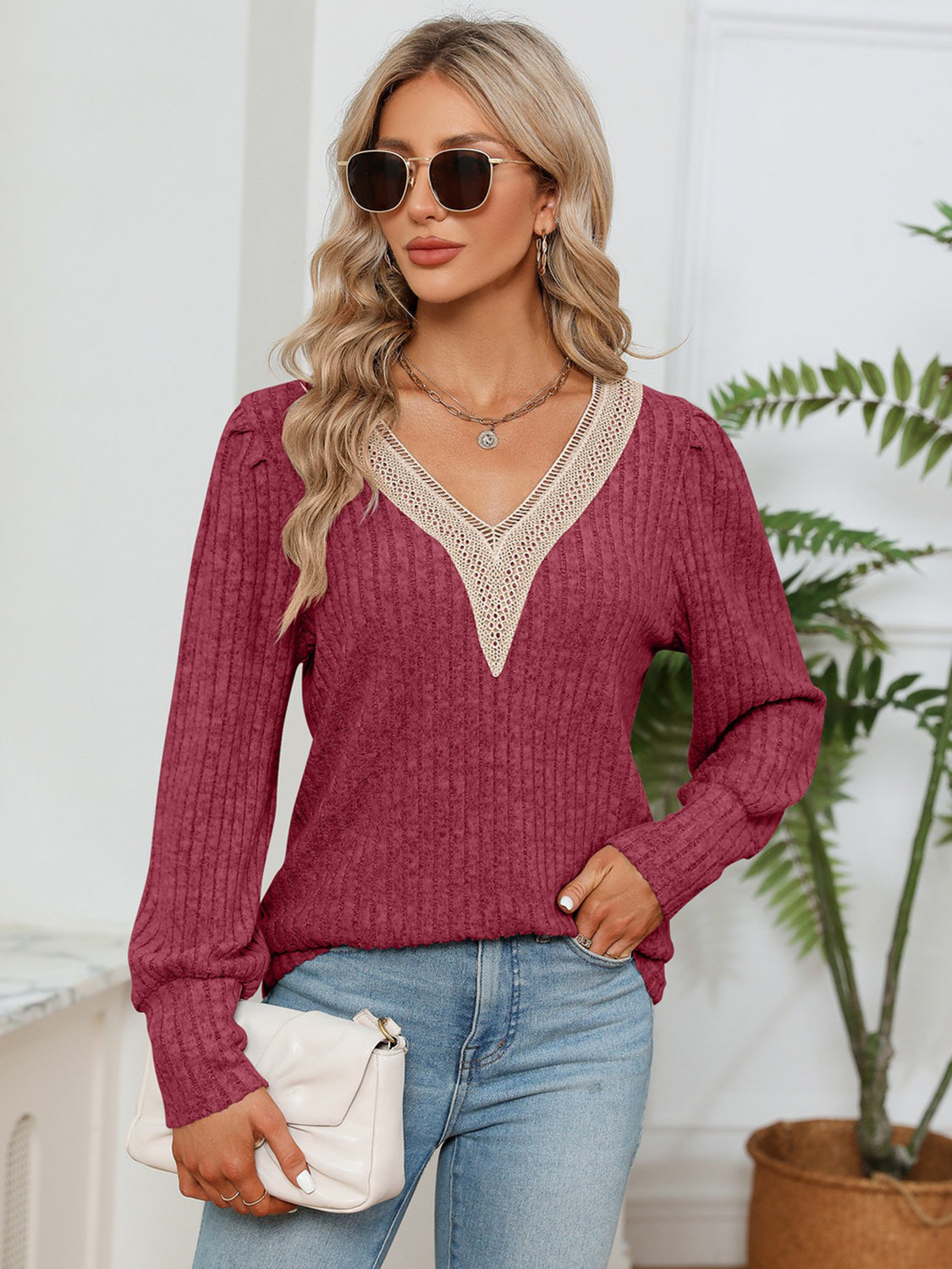 Lace Detail V-Neck Ribbed Blouse