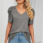 Heathered V-Neck Puff Sleeve T-Shirt