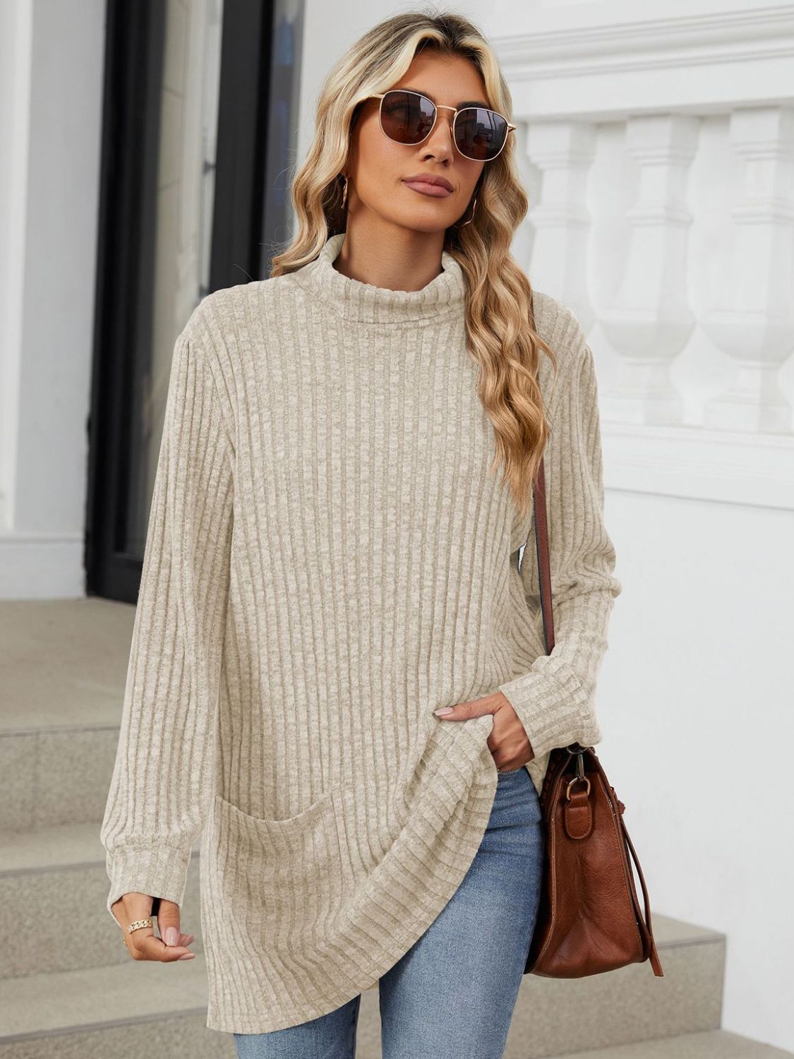 Ribbed Mock Neck Long Sleeve T-Shirt