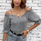 Plaid Buttoned Sweetheart Neck Cold-Shoulder Top