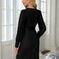 Slit V-Neck Long Sleeve Knee Length Dress