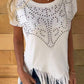 Studded Fringe Round Neck Cap Sleeve T-Shirt