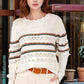 Striped Hollow Out Round Neck Long Sleeve Sweater