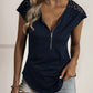 Lace Detail Half Zip Cap Sleeve T-Shirt