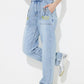 Flower High Rise Straight Leg Jeans with Pockets