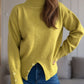 Front Slit Decorative Button Turtleneck Sweater