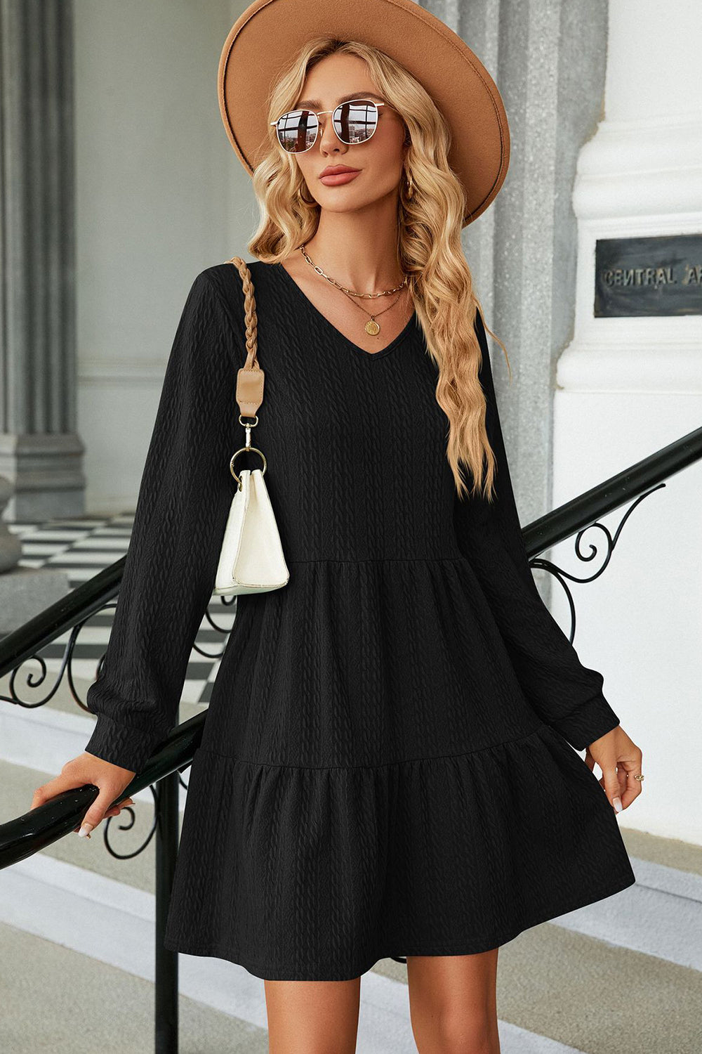 V-Neck Long Sleeve Mini Dress