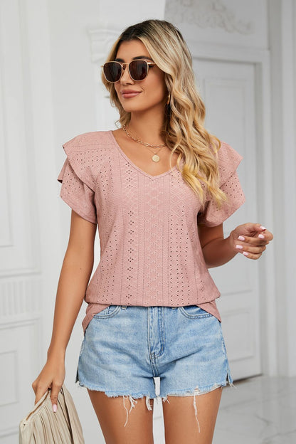 Eyelet Layered Flutter Sleeve V-Neck Knit Top - Michelle Francisco