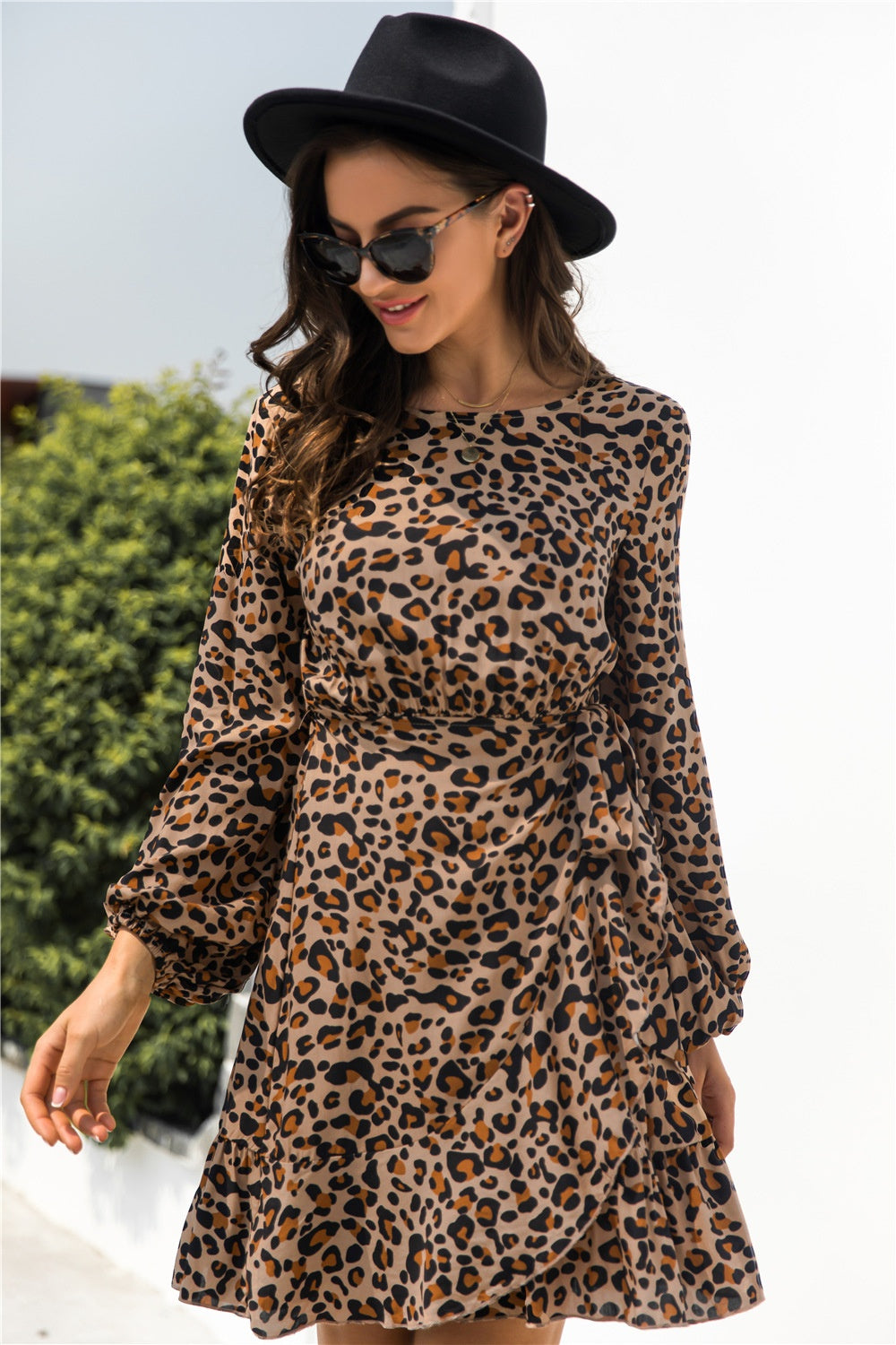 Animal Print Round Neck Balloon Sleeve Mini Dress