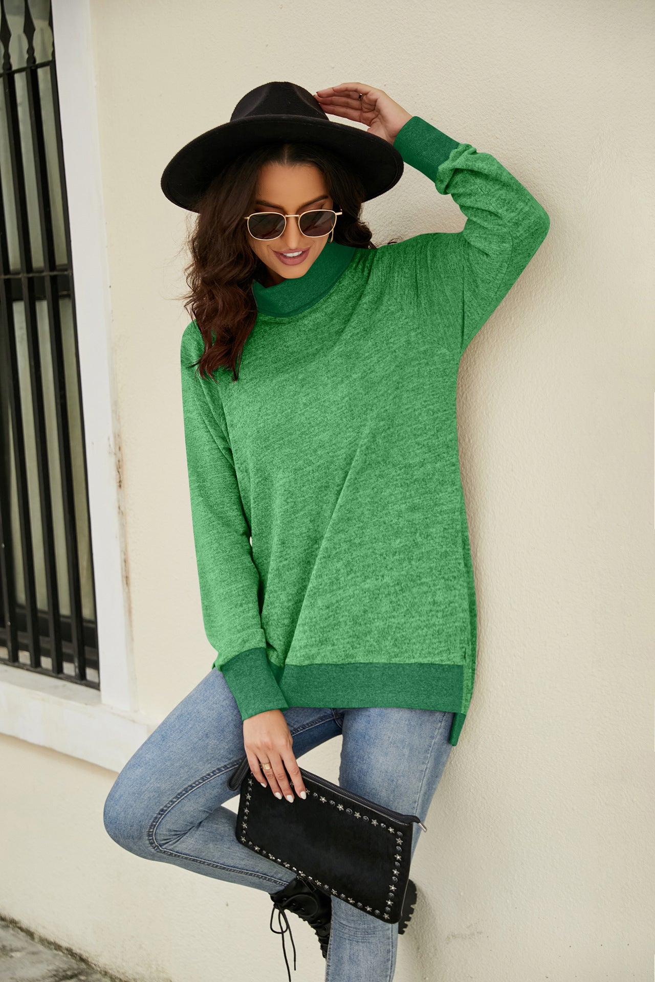 Heathered Slit High-Low Long Sleeve Top