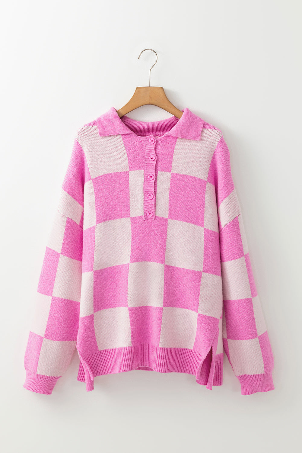 Slit Checkered Half Button Long Sleeve Sweater