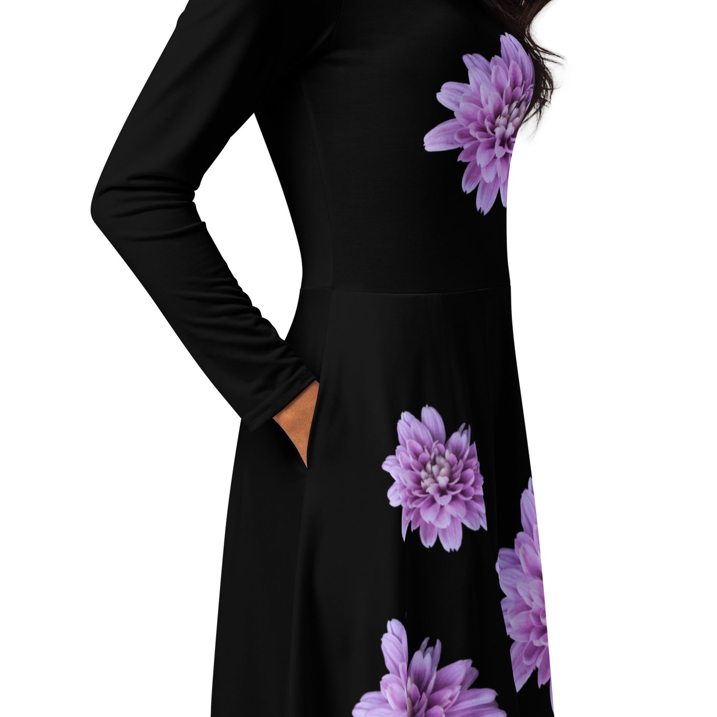 Too Much Bloom Black Long Sleeve Midi Dress