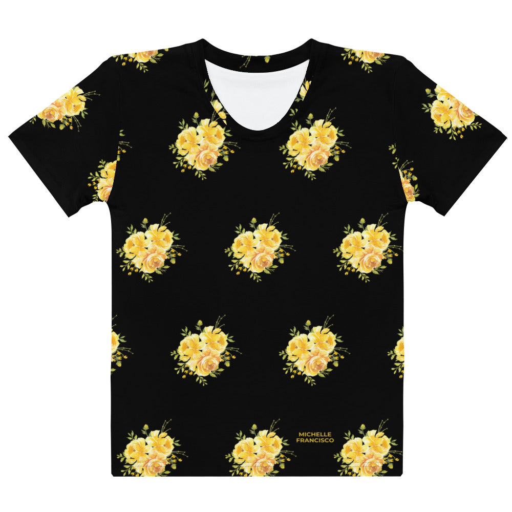 Yellow Flowers Black Crew Neck T-shirt