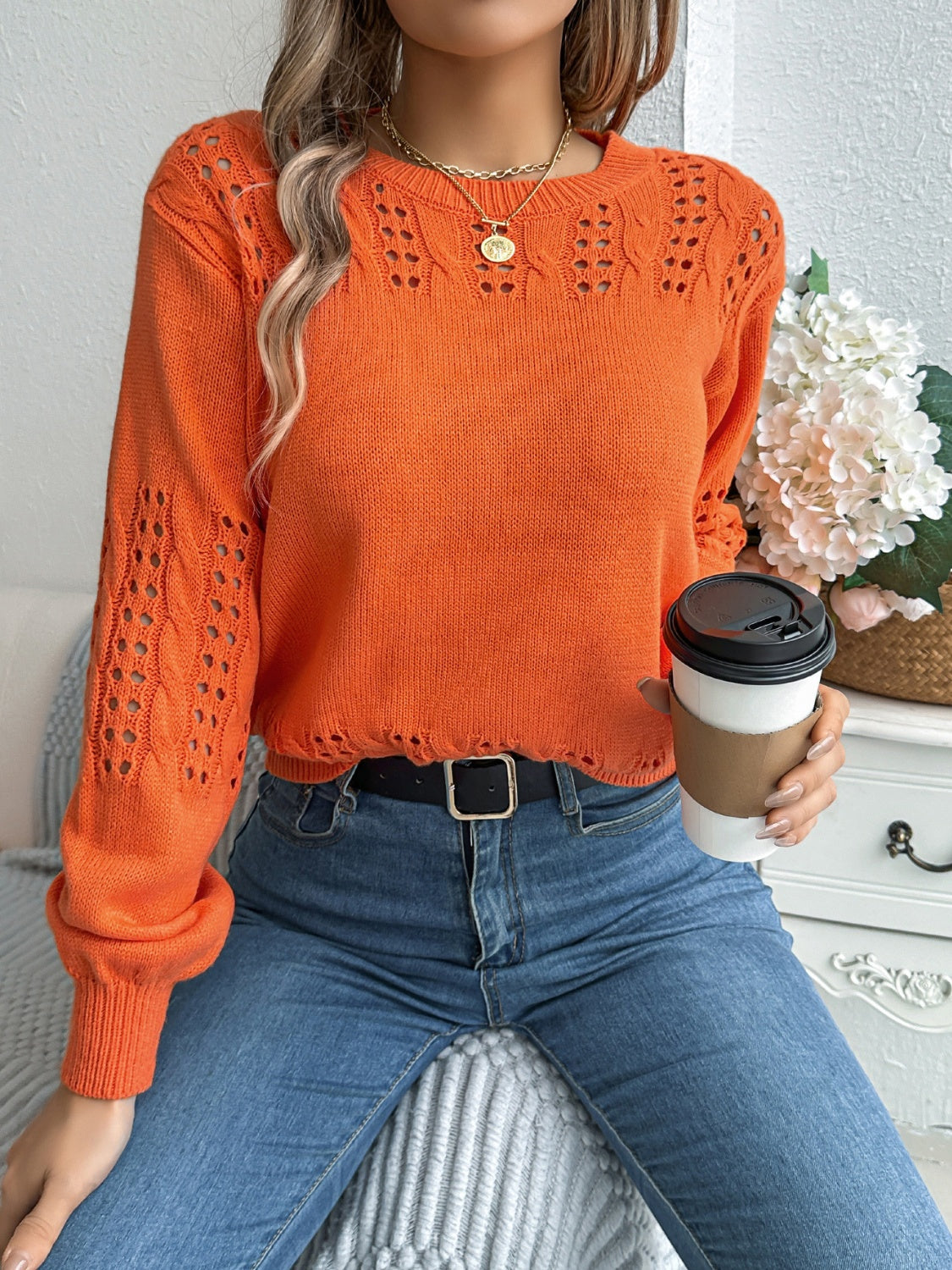 Openwork Round Neck Long Sleeve Sweater