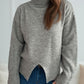 Front Slit Decorative Button Turtleneck Sweater