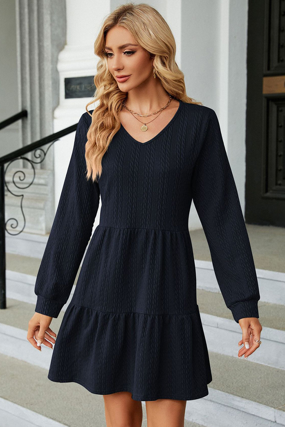 V-Neck Long Sleeve Mini Dress