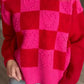 Checkered Round Neck Dropped Shoulder Sweater