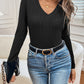 Ribbed V-Neck Long Sleeve T-Shirt