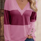 Decorative Button Contrast V-Neck Long Sleeve T-Shirt