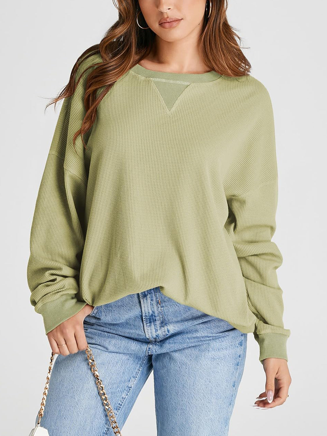 Waffle Knit Round Neck Long Sleeve T-Shirt