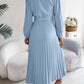 Pleated Tied V-Neck Long Sleeve Dress