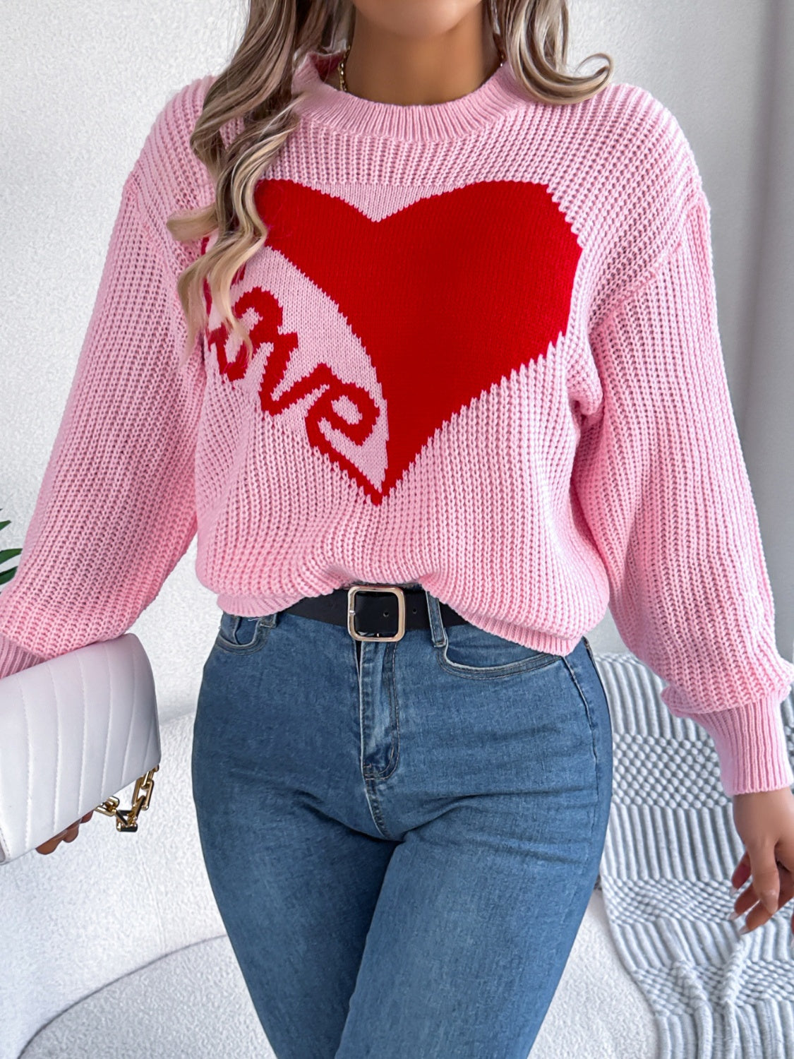 LOVE Heart Round Neck Dropped Shoulder Sweater