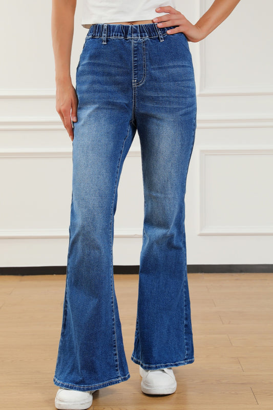 Elastic Waist Bootcut Jeans with Pockets