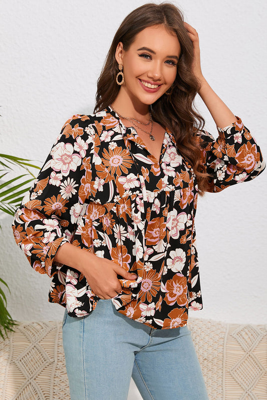 Floral Tie Neck Babydoll Blouse