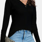 Decorative Button V-Neck Long Sleeve T-Shirt