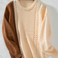 Two Tone Cable Knit Round Neck Long Sleeve Sweater