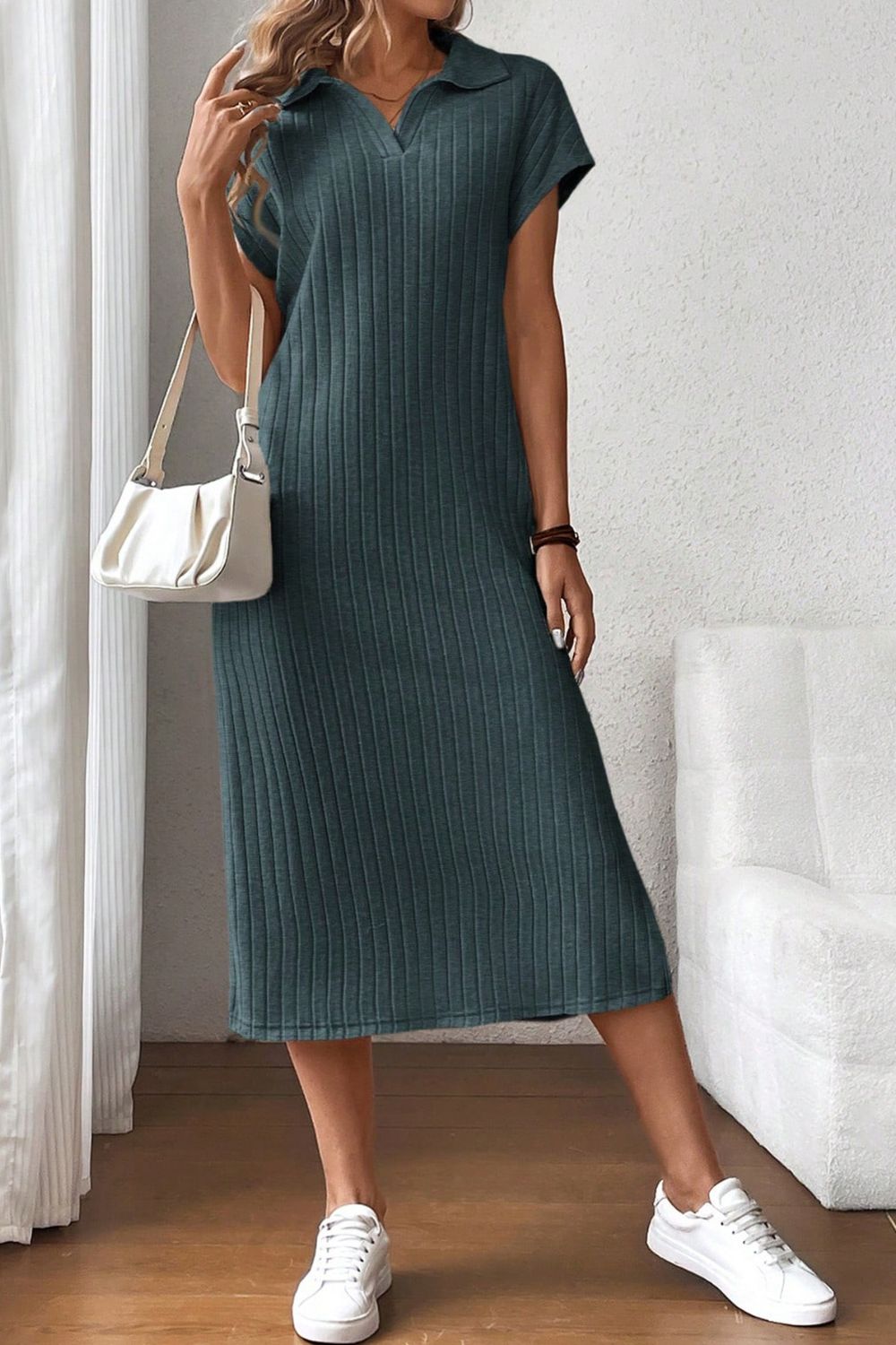 Side Slit Johnny Collar Short Sleeve Midi Dress