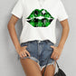 Plaid Lip Graphic Round Neck T-Shirt