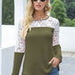 Waffle-Knit Lace Round Neck Long Sleeve T-Shirt