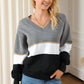 Color Block V Neck Long Sleeve Sweater