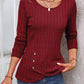 Decorative Button Round Neck Long Sleeve T-Shirt